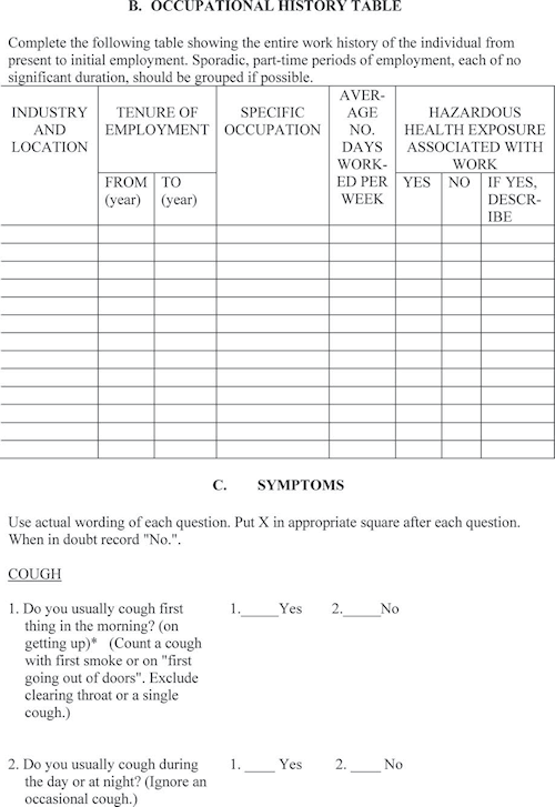 Appendix BII—Respiratory questionnaire for nontextile workers for the